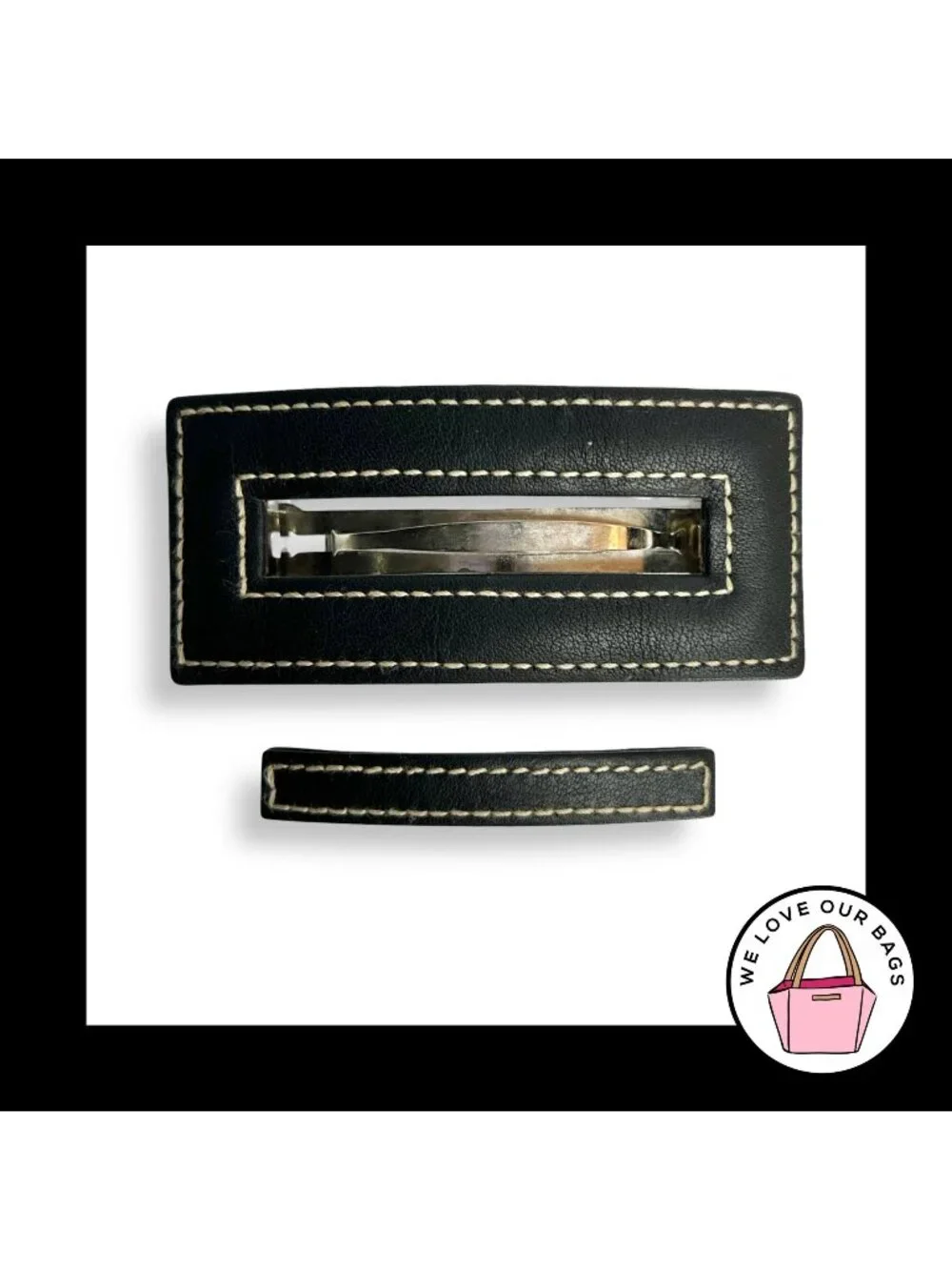Y2K Vintage COACH HAIR BARRETTE Clip 2 Lot Set Black Bag Leather Nickel MSRP $76